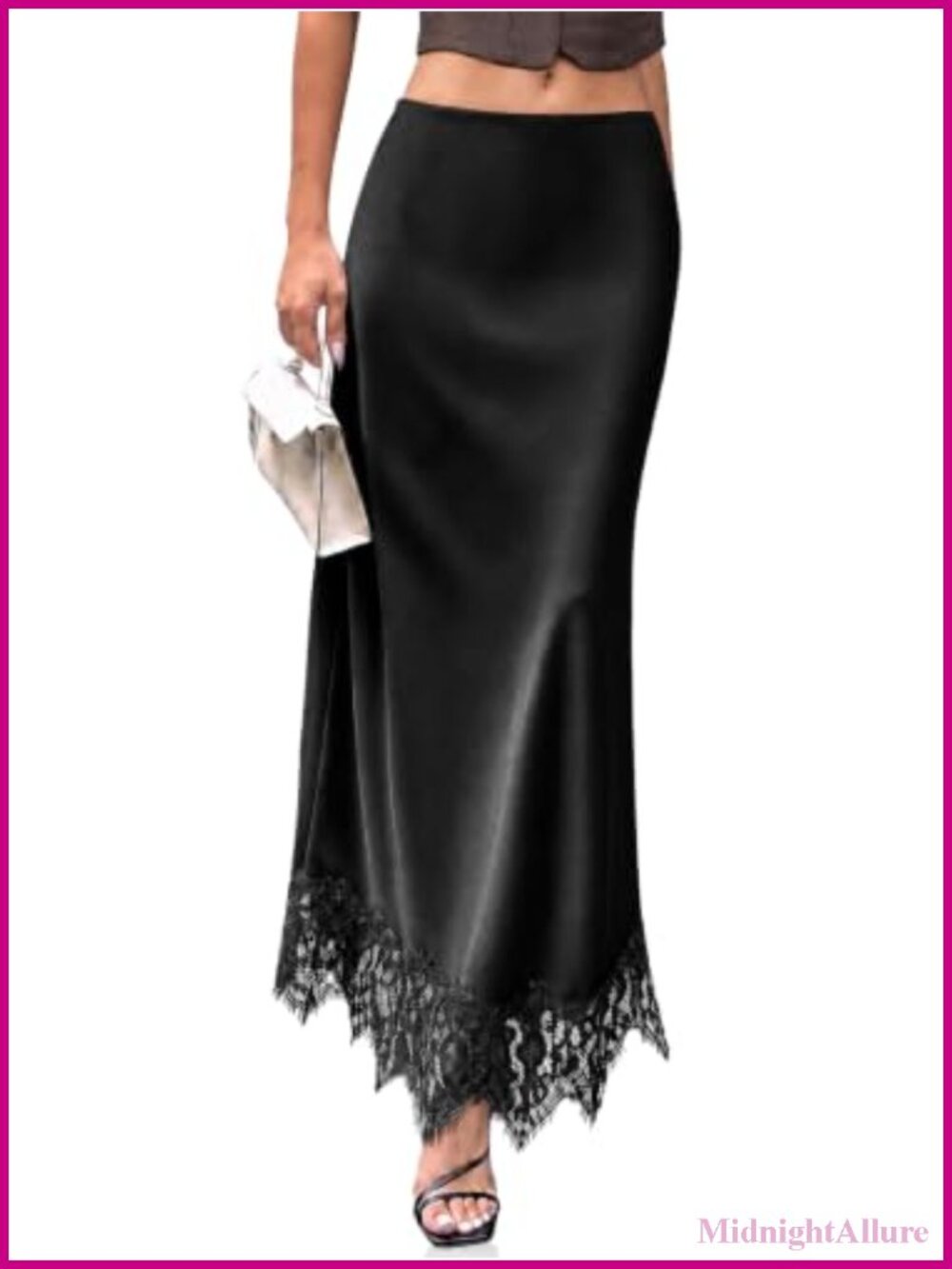 Cicy Bell Satin Maxi Skirt - High Waisted Lace Flowy Skirt, Elegant A-Line